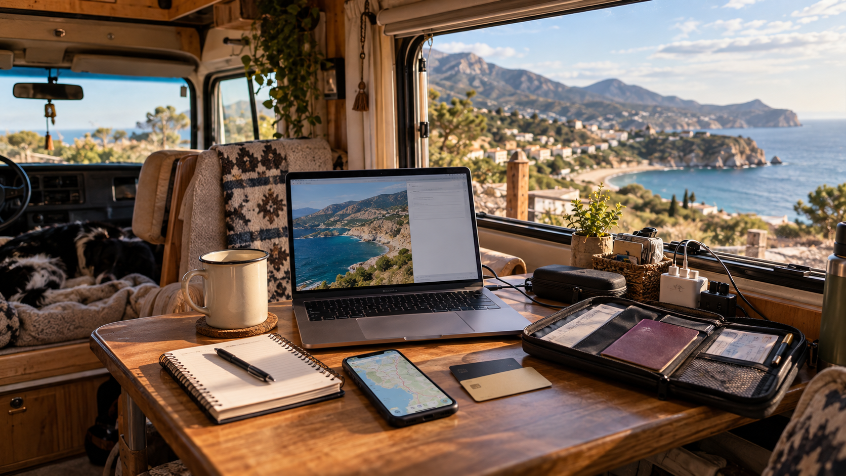 Digitales Reise-Setup im Camper mit Laptop, Smartphone, Dokumenten und Reiseorganisation