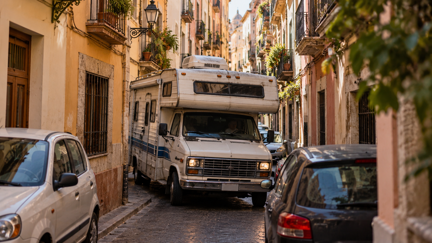 Großer Camper in einer engen Straße in Spanien