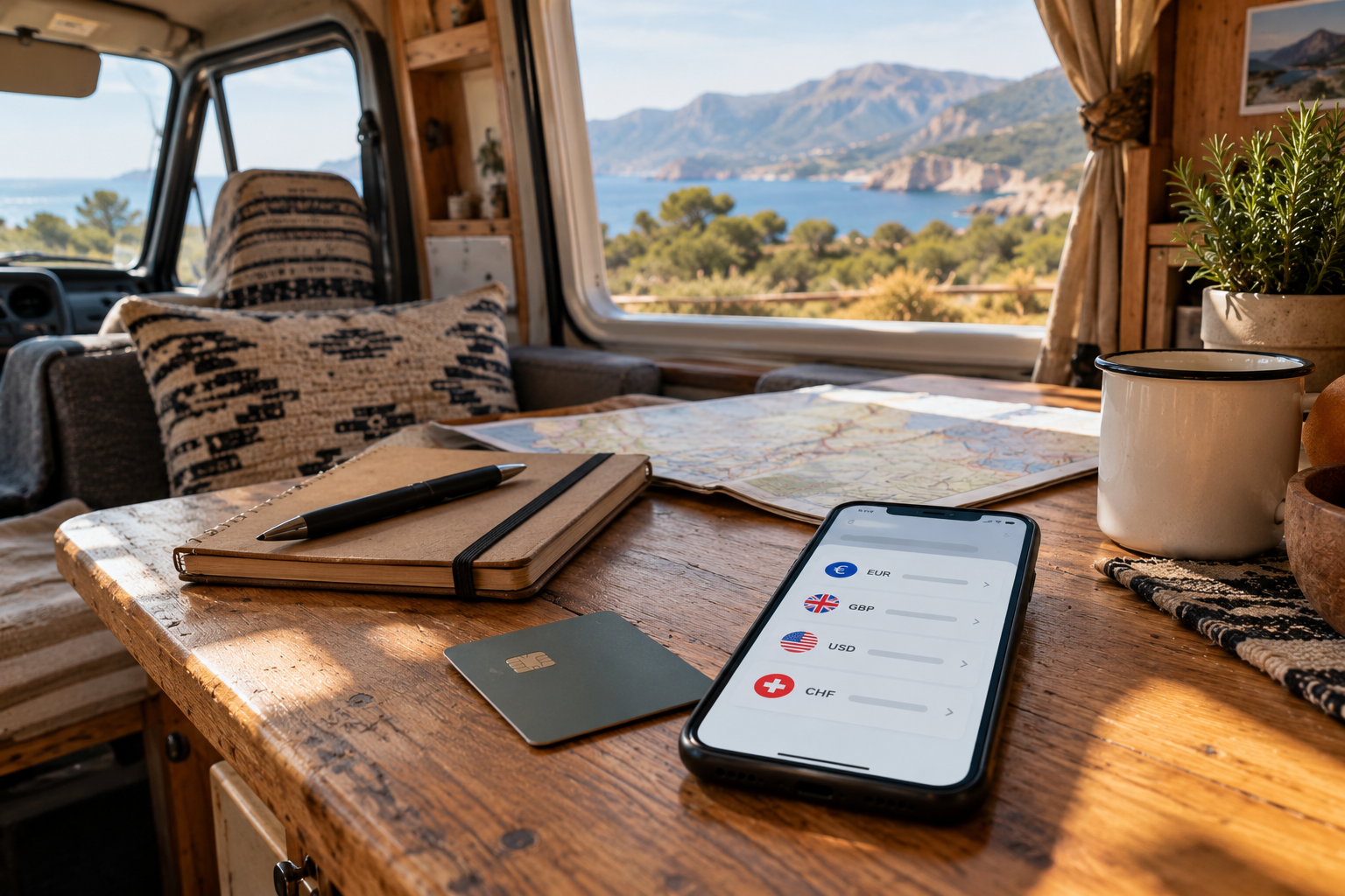 Smartphone mit verschiedenen Währungen auf dem Tisch im Camper